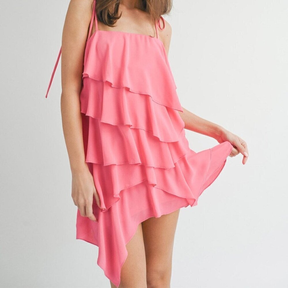 Klesis Pink Tiered Ruffle Mini Dress Sleeveless Layered Frills Size S M L New - Picture 3 of 7